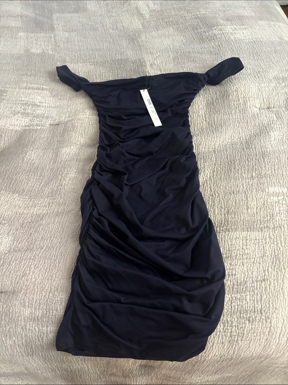 NWT Susana Monaco Navy Blue Strapless Midi Dress with Cap Sleeves/Off Shoulder